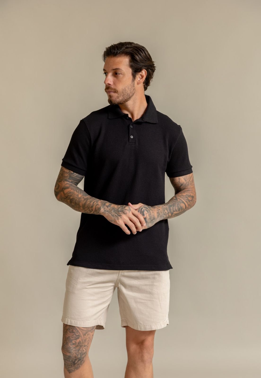 Camisa Polo Tricot Masculina com Elastano Color Dialogo Preto