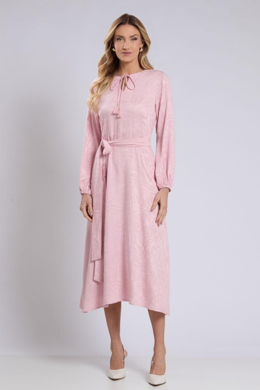Vestido Midi Jacquard Elba Rosa Claro