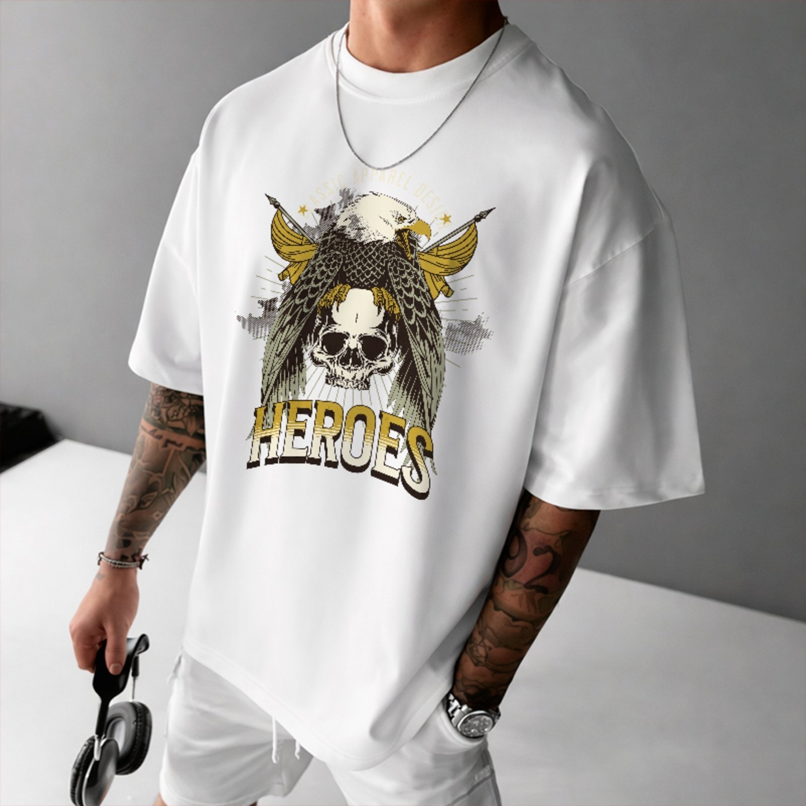 Camiseta Oversized Premium Heroes Águia Caveira Streetwear Unissex Branco