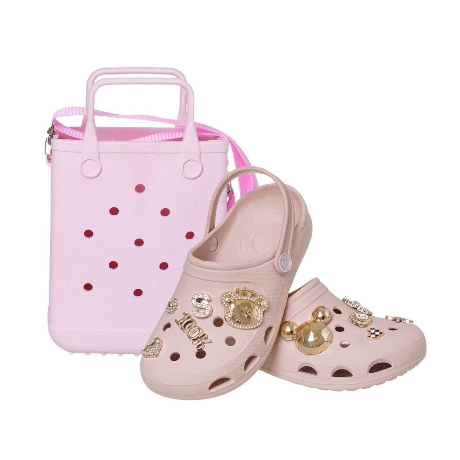 Infantil - Kit meninas Babuche Com Pingentes para decorar + Bolsa emborrachada Injetada cor rosa