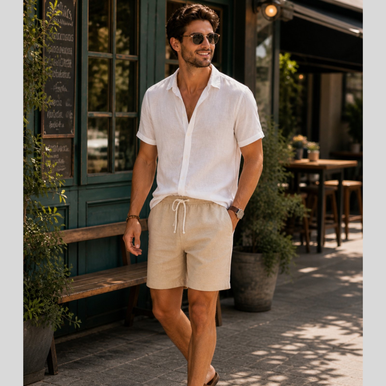 Bermuda De Linho Masculina Short Com Cordão Mauricinho Leve Bege