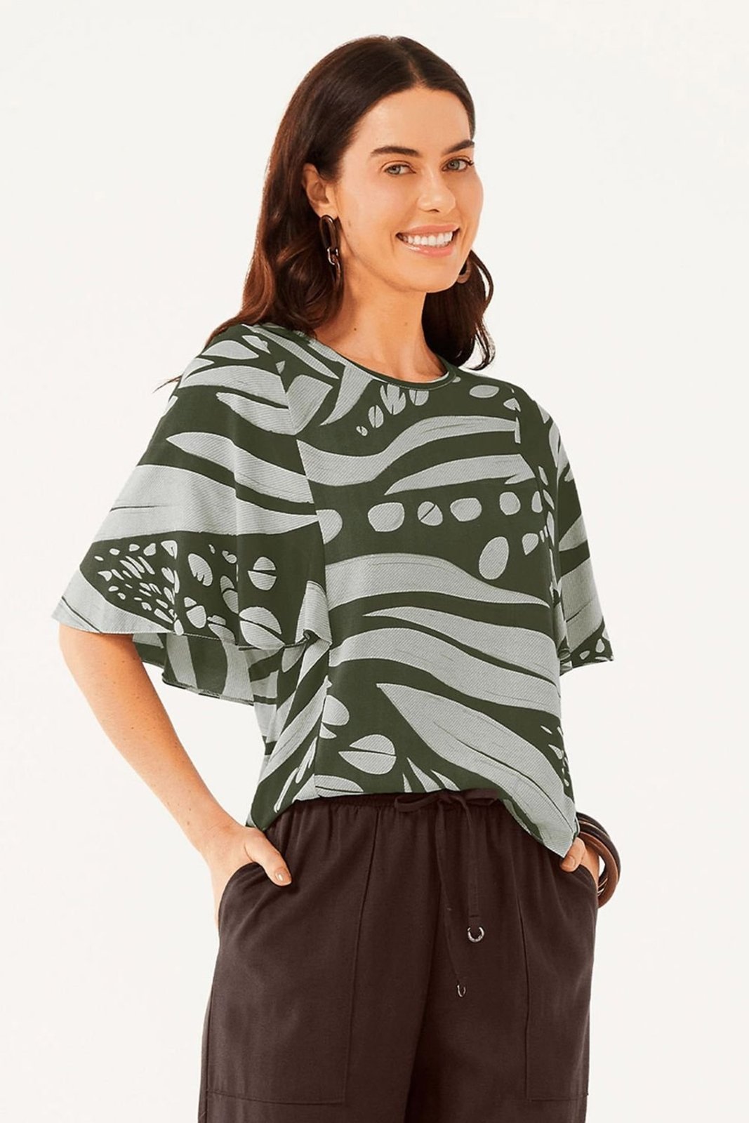 Blusa Feminina Estampada Manga Ampla Marialícia Verde