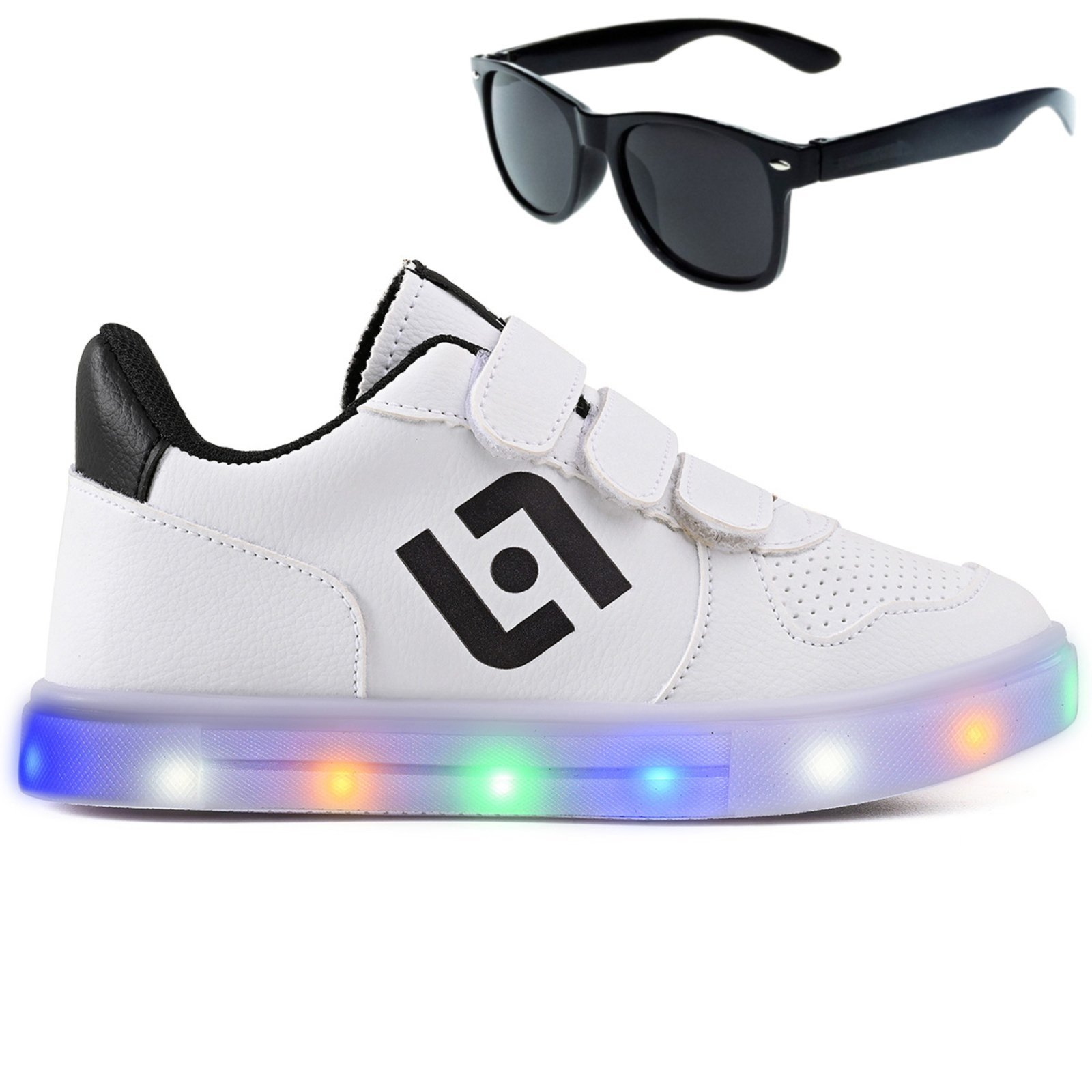 Infantil – Tenis de Led Casual Meninos Street Calce Facil Branco e Preto + Oculos