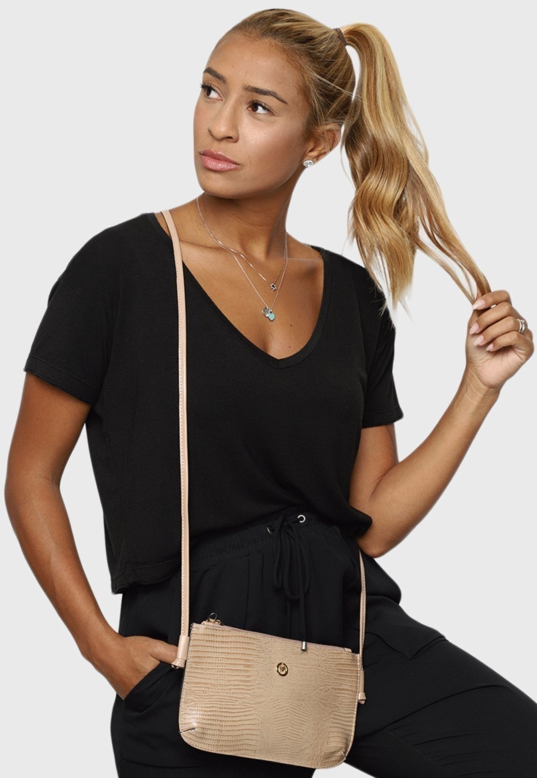 Bolsa Transversal Couro Mariart Lezard 201L Nude