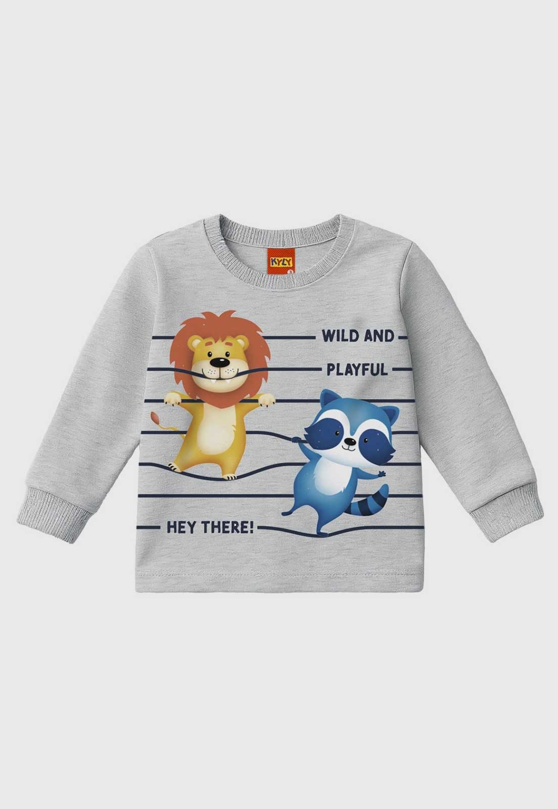 Camiseta Kyly Estampa Leão e Guaxinim Cinza