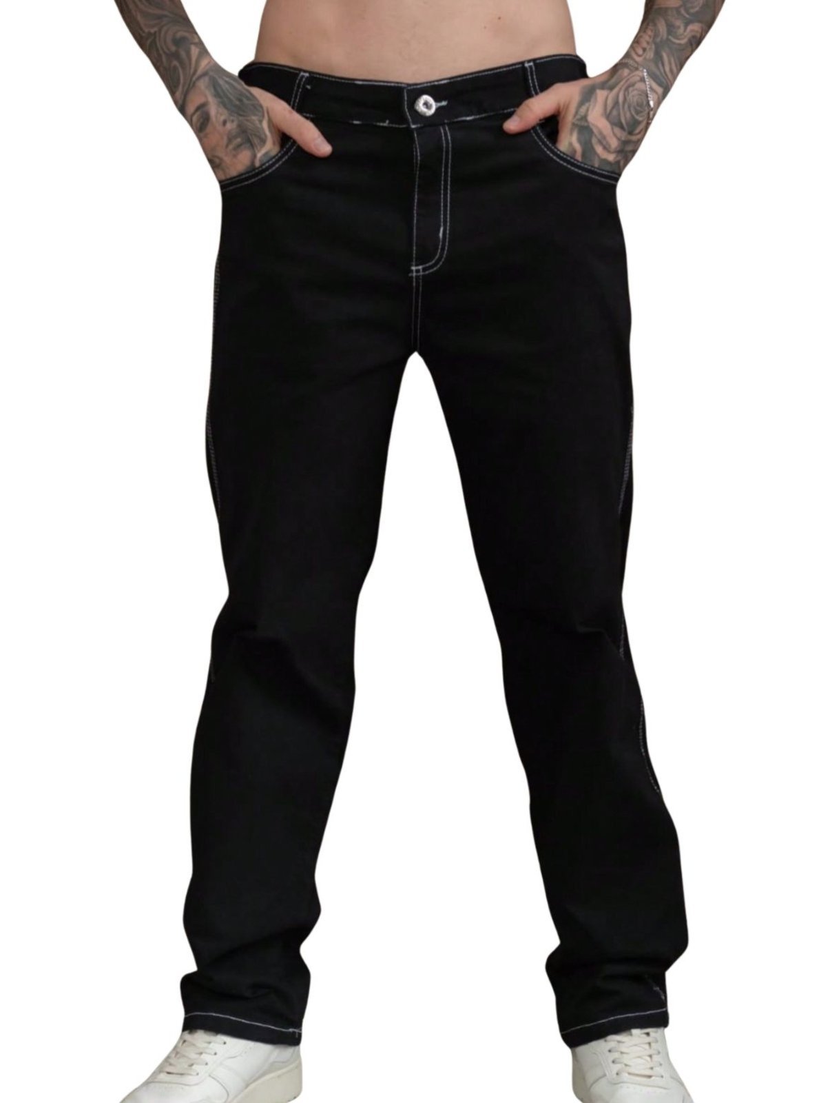 Calça Masculina Jeans Light Balão Preta com Linha Invertida Branca