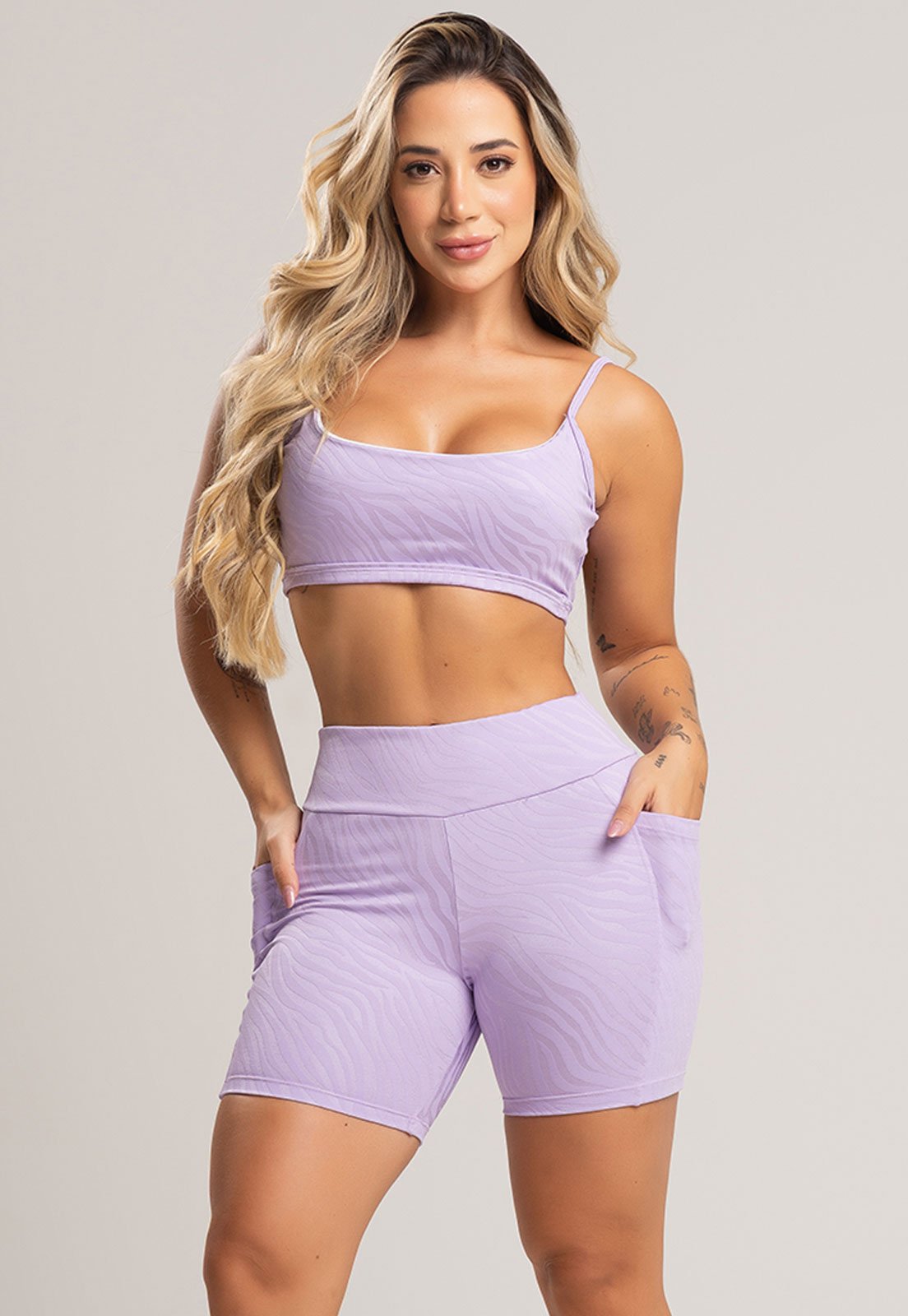 Short Fitness Feminino Com Bolsos Cintura Alta Fitness MVB Modas Jacquard Lilás