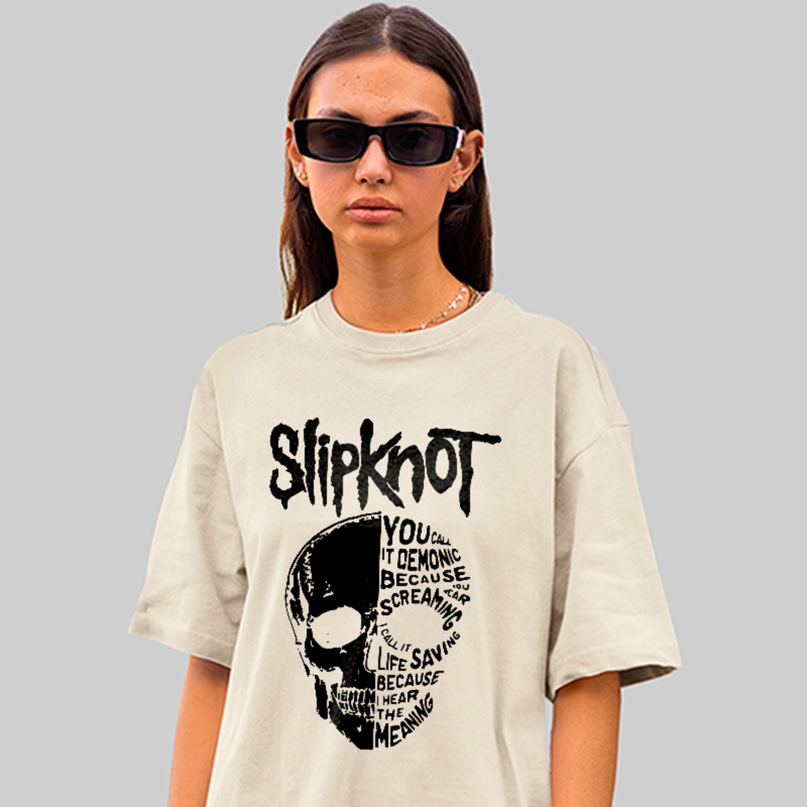 Camiseta Oversized Premium Slipknot Heavy Metal Skull Streetwear Unissex Off White