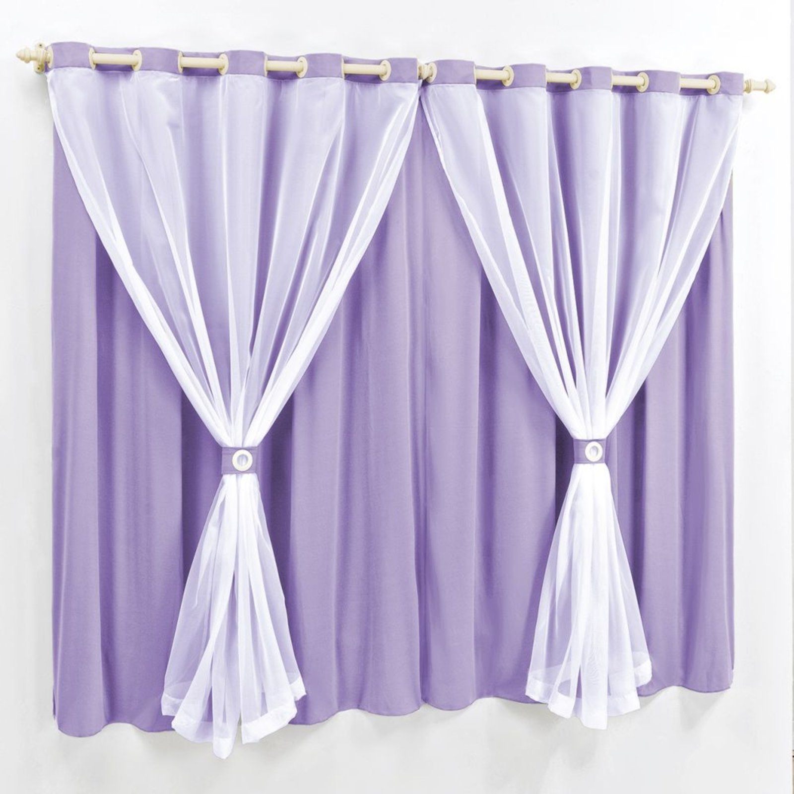 Cortina 2 Mts Sala Quarto Malha com Voal Varão Baratissima Lilás - 100% Poliéster
