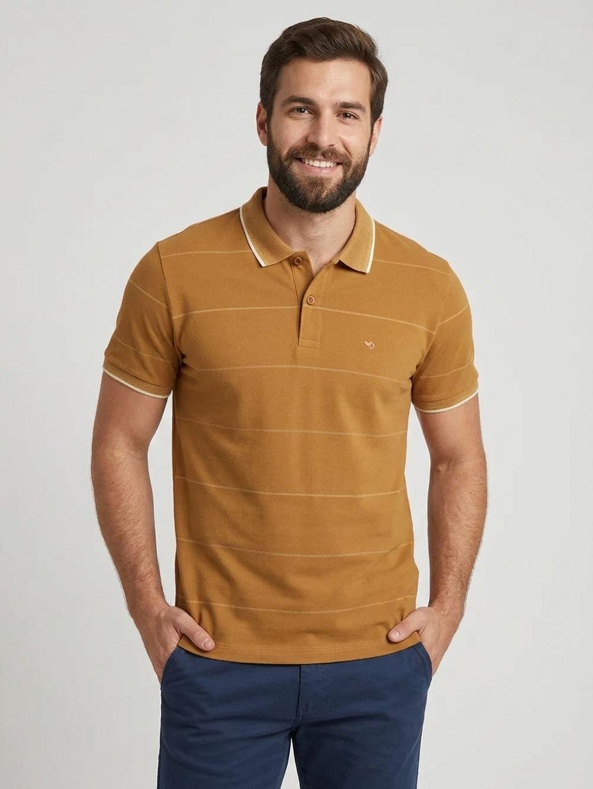Polo Manga Curta Piquet Listrada Masculina CARAMELO
