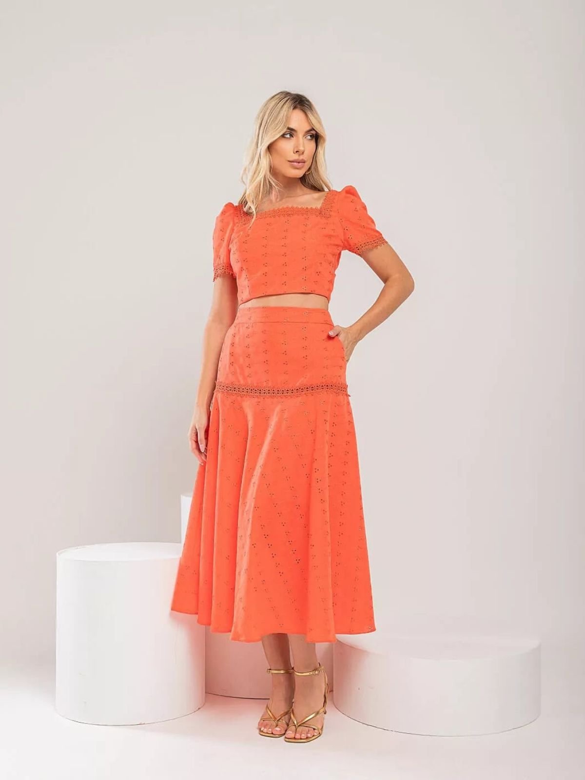 Conjunto Cropped e Saia em Laise Lily Daisy LD501 Coral