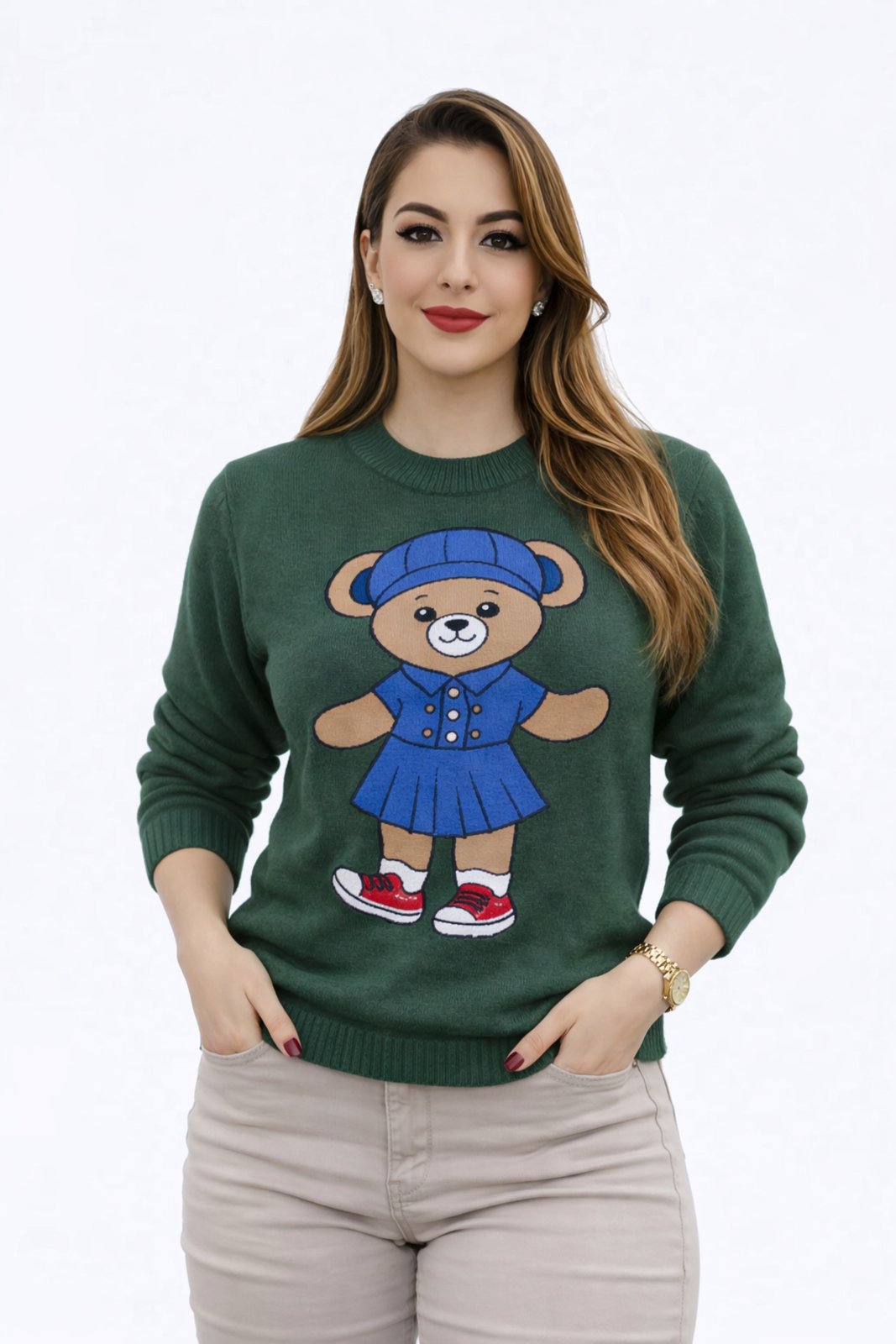 Suéter Tricôt D Bell Outlet Fashion Estampa Urso Verde