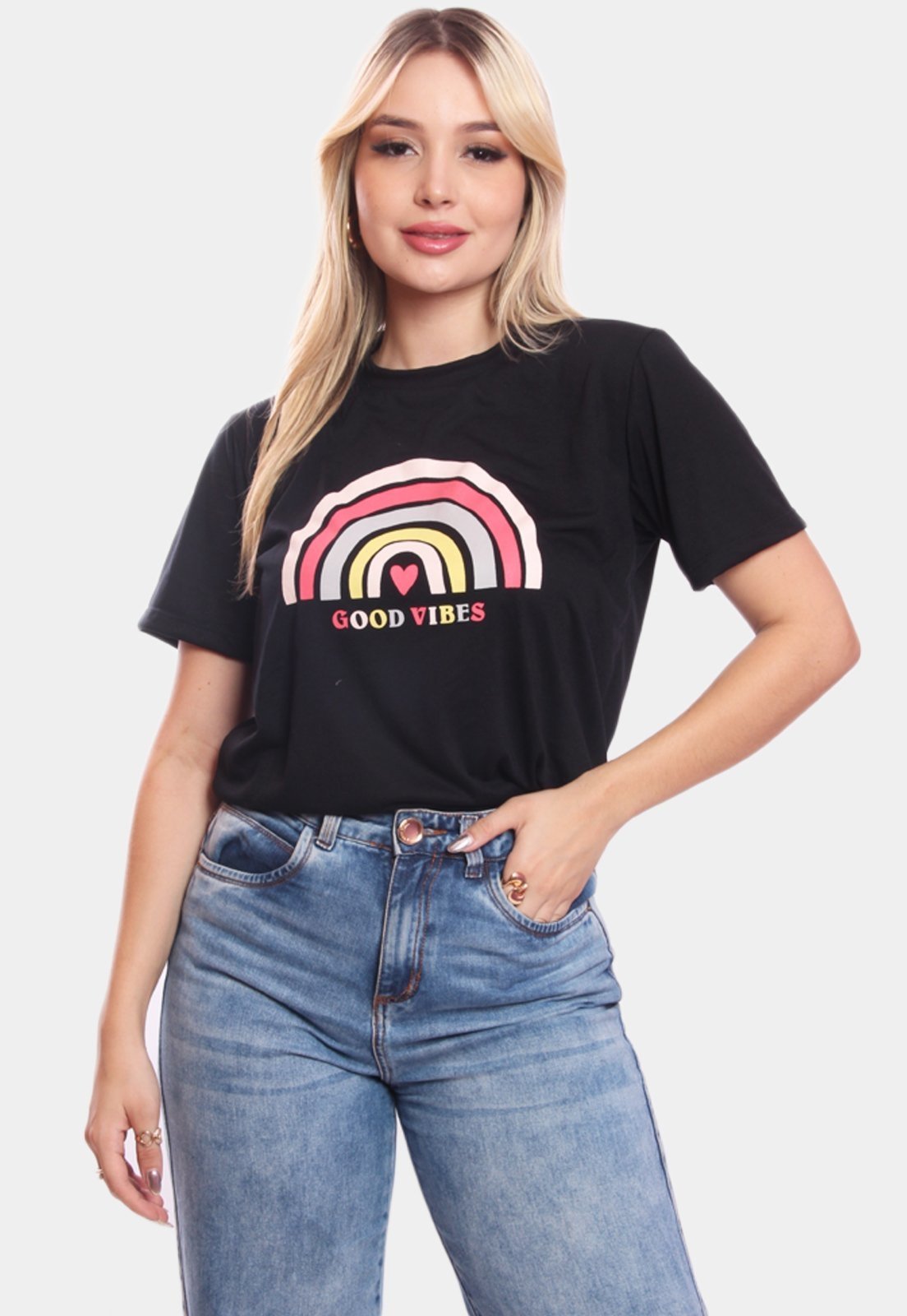 Tshirt Blusa Feminina Arco Iris Estampada Manga Curta Camiseta Camisa Preto