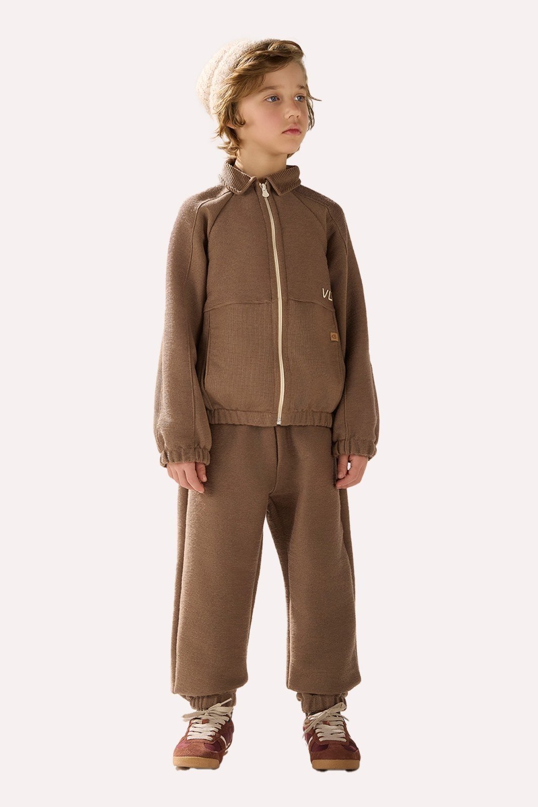 Infantil - Conjunto Marrom Jaqueta e Calça em Moletom com Nervuras