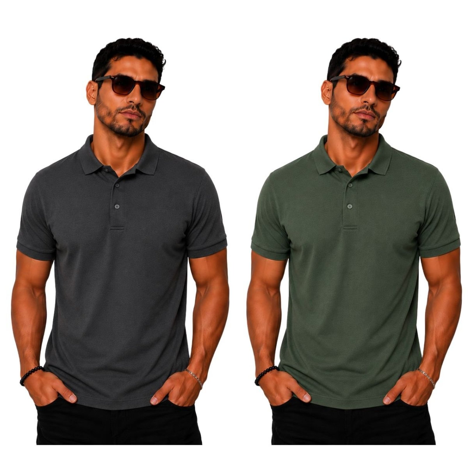 Kit 2 Camisas Polo Masculina Poliamida Premium Chumbo e Verde
