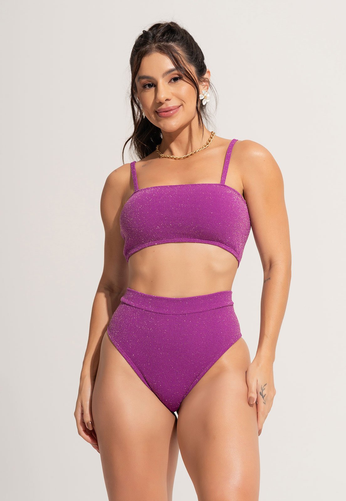 Vista 3 Biquíni Cropped Top Faixa Hot Pants Cintura Alta Lurex Açaí Mvb Modas roxo Mvb Modas roxo