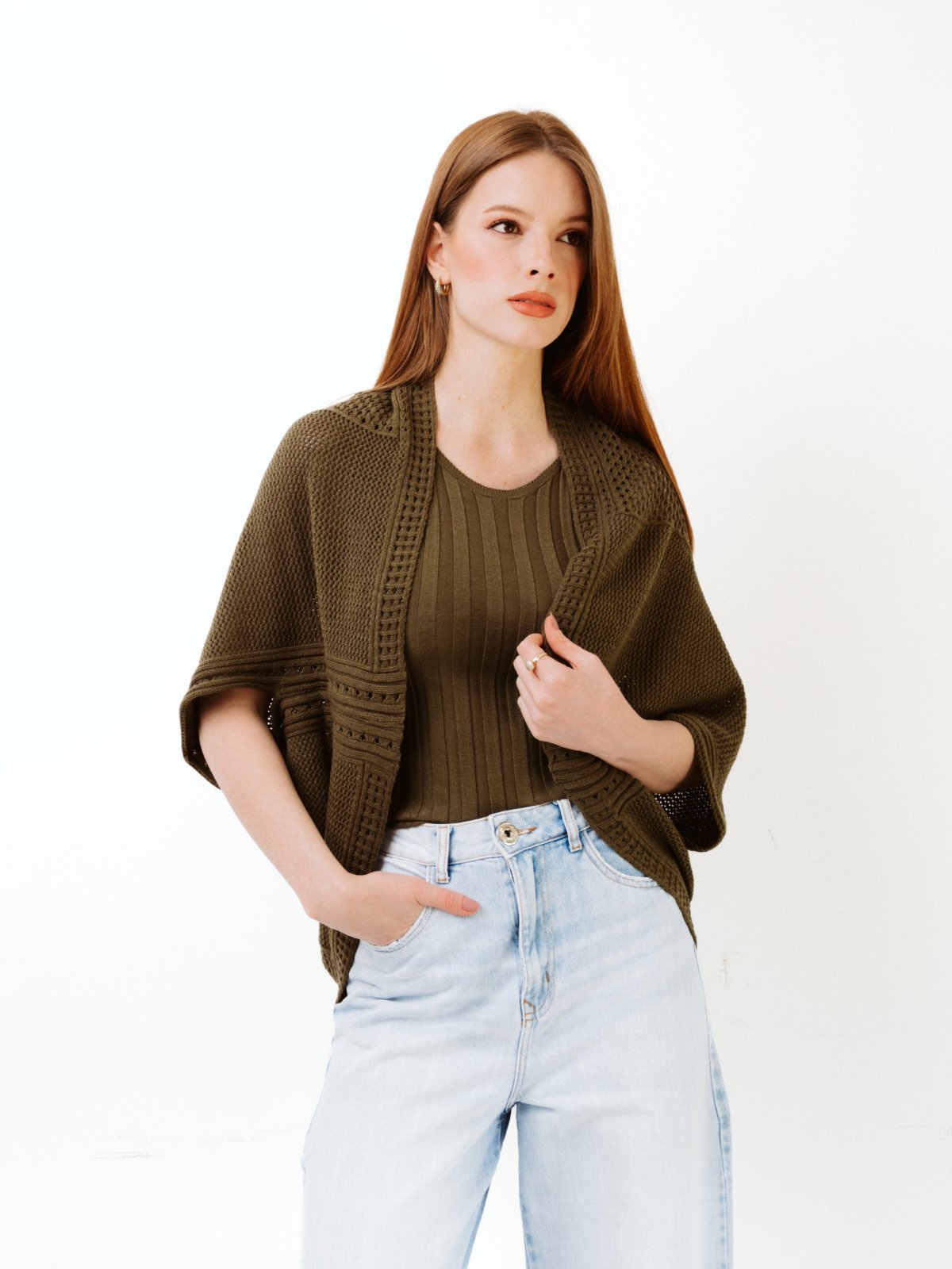 Casaco La Cor Tricot Casulo Rendado Verde Militar