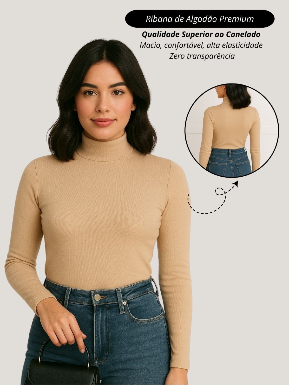 Blusa feminino cacharrel bege Garota Urbana Fashion Outono inverno casual diario basico ribana canelado algodão