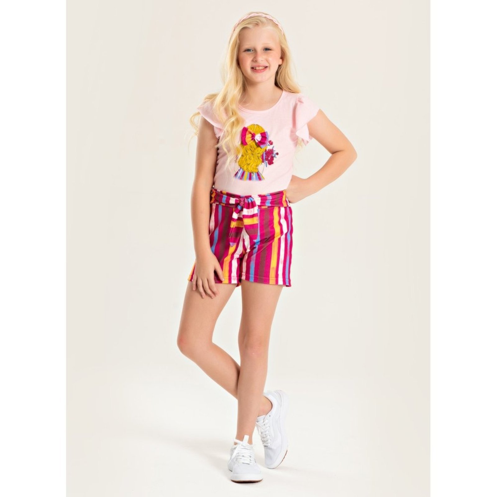 Infantil - Conjunto Verão Menina Rosa Blusa e Shorts Com Amarração Laço e Listras