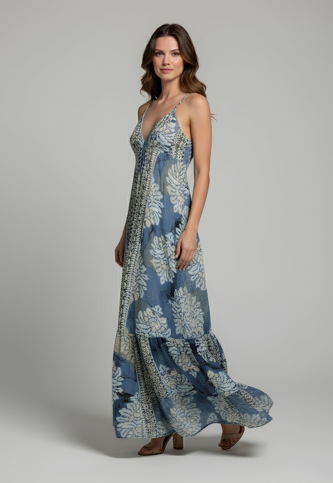 Vestido Longo Indiano Azul Feminino Estampado Confortável Elegante