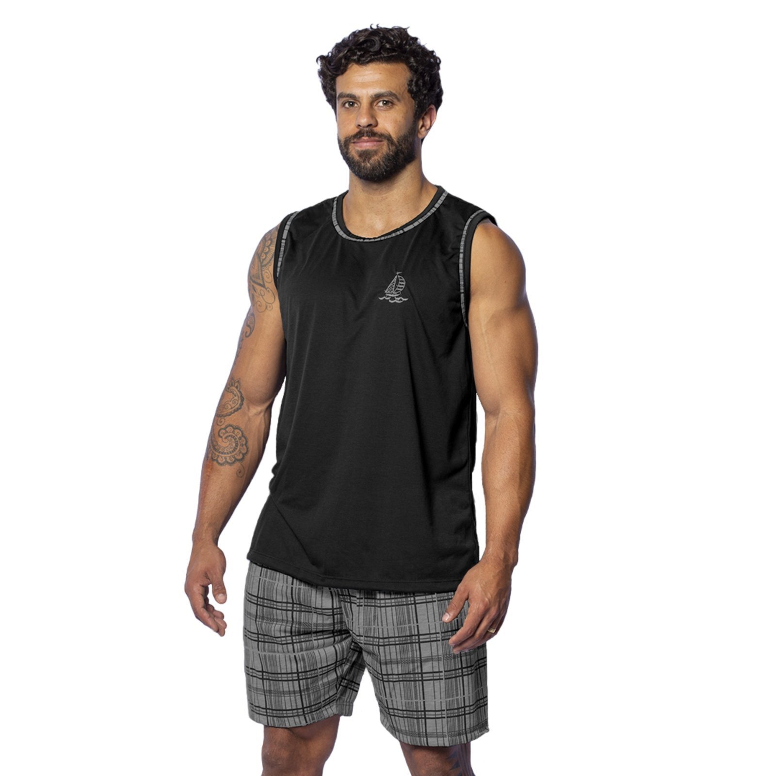 Pijama Masculino Gabi Lingerie Regata Malha Confortável Curto Preto