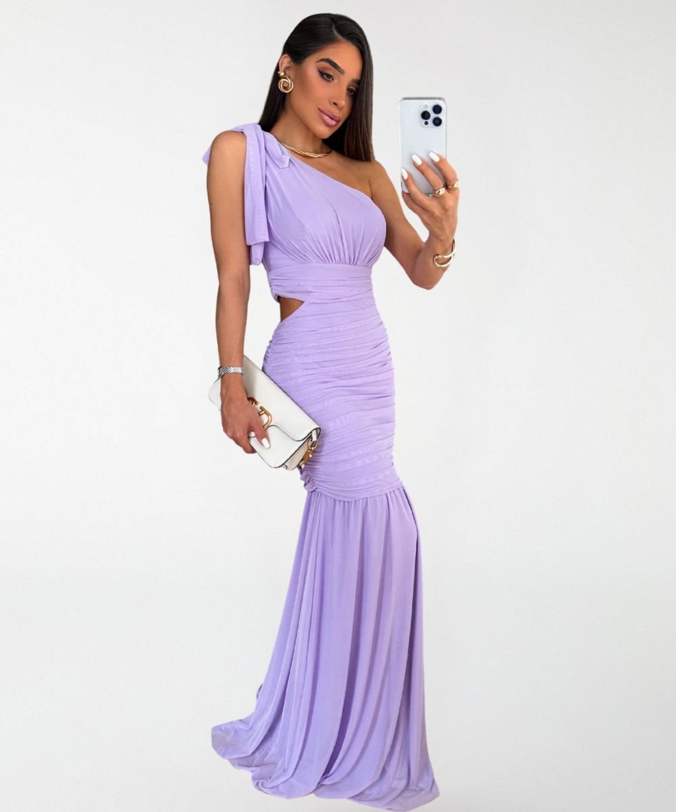 Vestido Longo Madrinhas 77VS Levosch Em Tule De Um Ombro Lilás