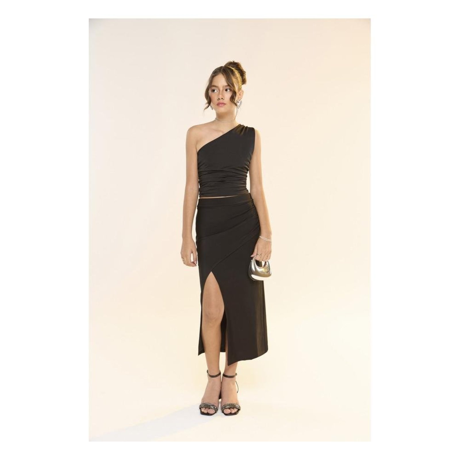 Infantil - Conjunto Feminino Cropped Assimétrico Um Ombro Só Saia Midi Longa com Fenda Bobby Lulu Preto 14 Preto
