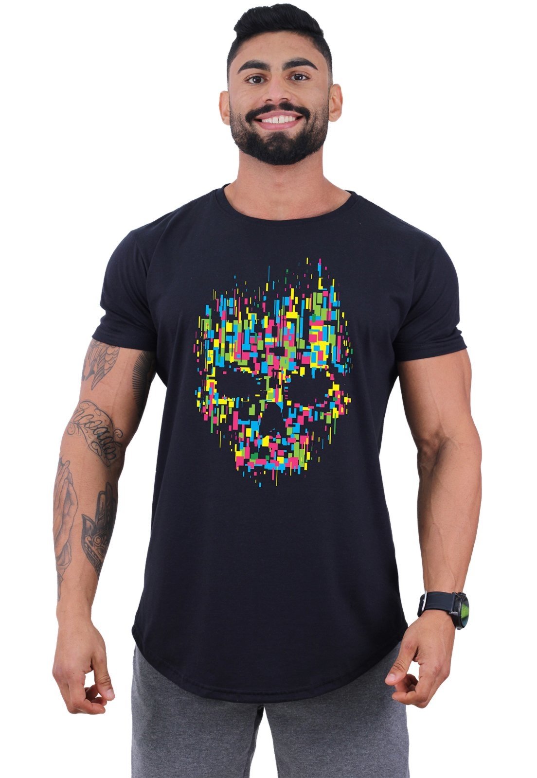 Camiseta Longline Masculina MXD Conceito para Academia e Casual Caveira Abstrata Preto
