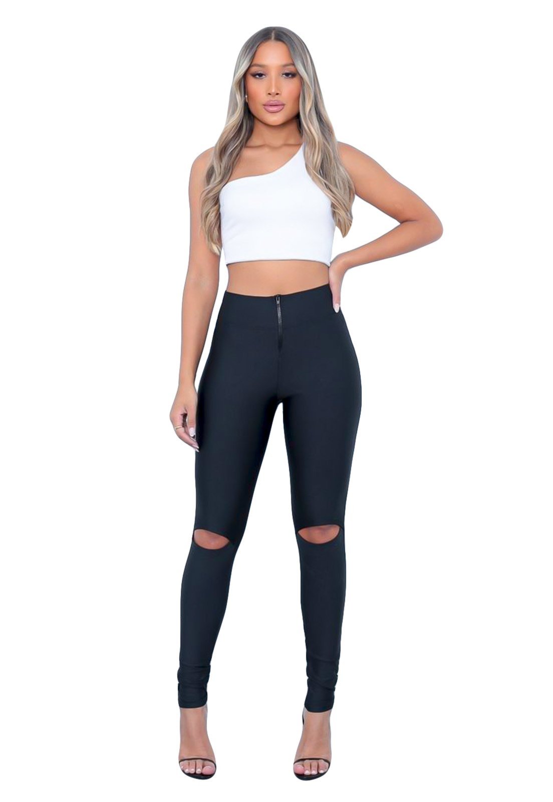 Legging Leg Suplex Ywc Ind Ponto Roma Calça Cós Alto Detalhe Rasgo no Joelho Preto