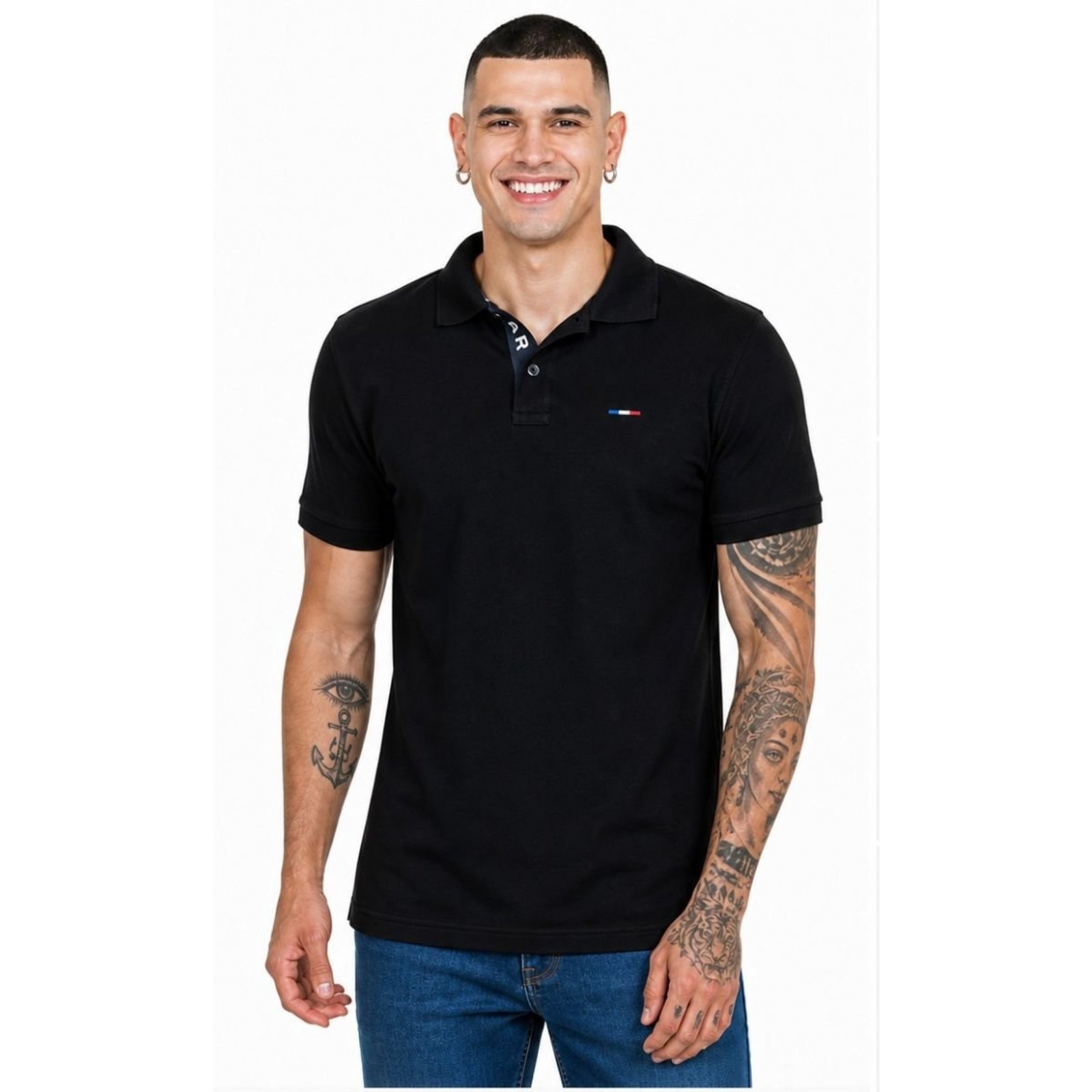 Camisa Polo Masculina Básica Bordado França Preto
