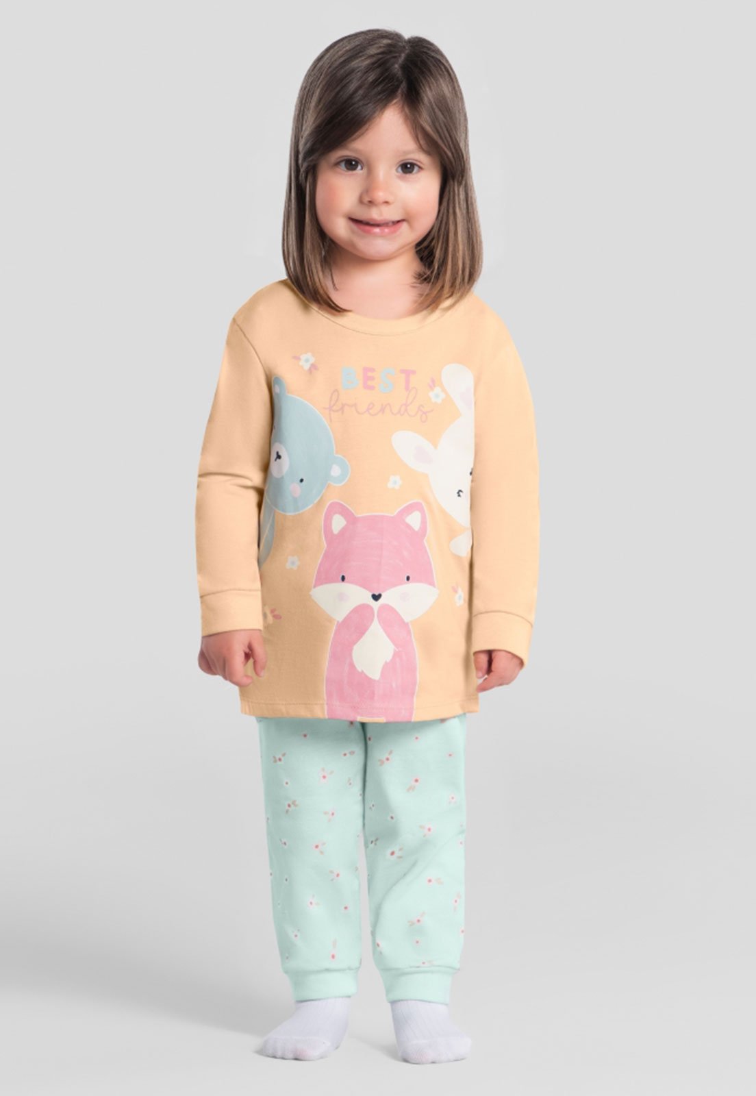 Pijama Brandili Estampa Best Friends Laranja e Verde