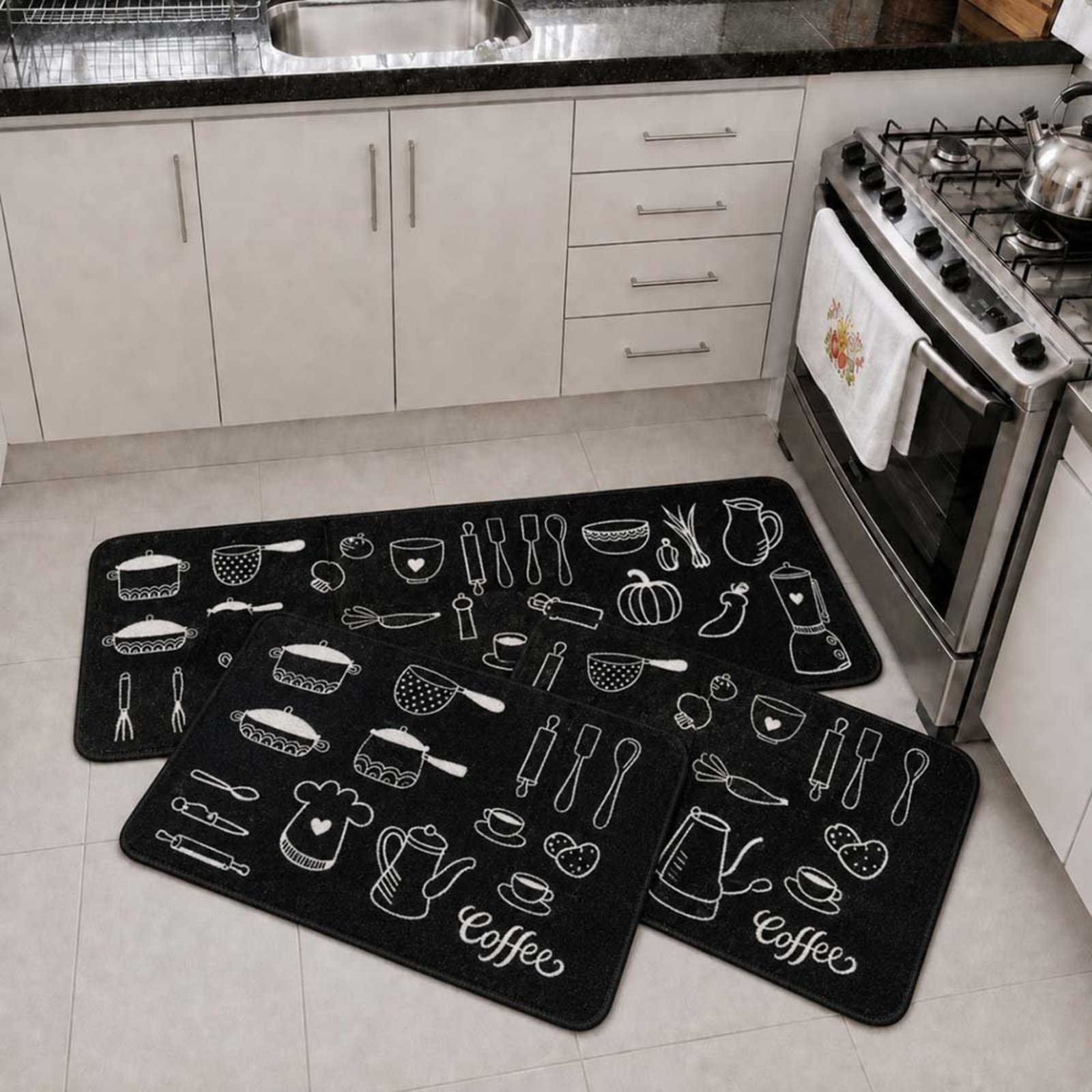 Kit Tapete para Cozinha 3 Peças Passadeira Antiderrapante Emborrachada Carpete Café Black