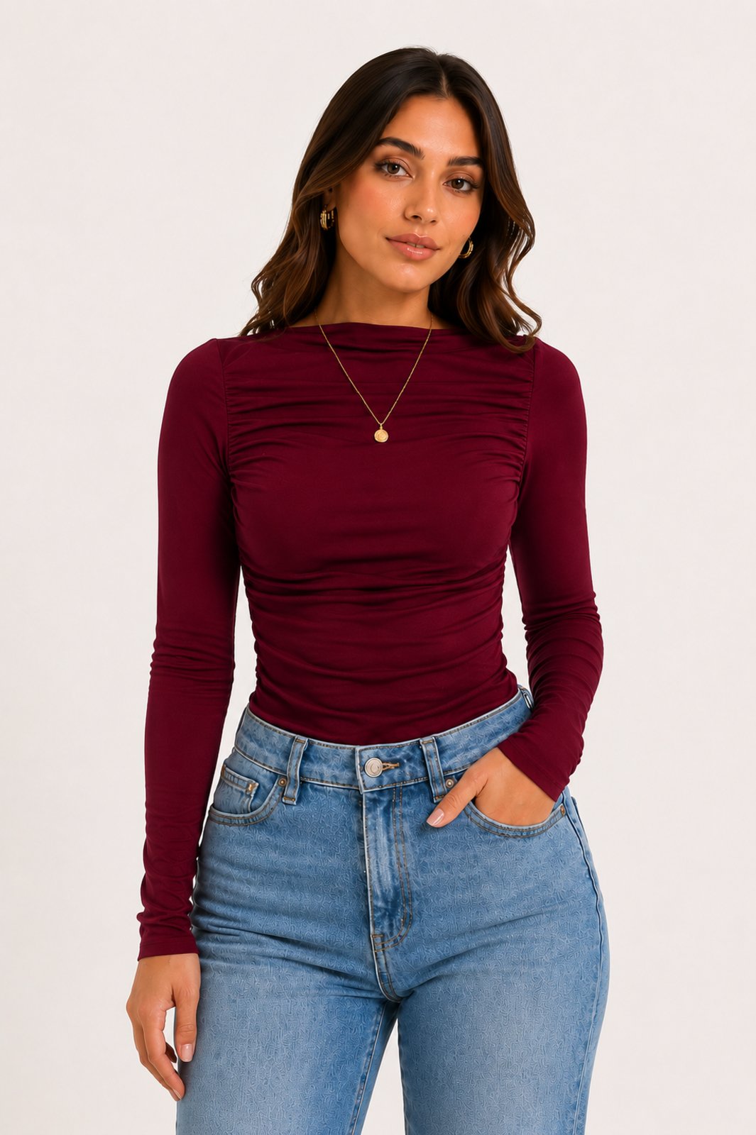 Blusa Feminina D Bell Outlet Fashion Poliamida Manga Longa Vinho