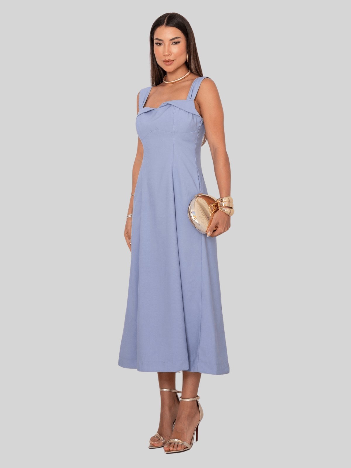 Vestido Miss e Misses Rochele Midi C/Alca Larga Azul