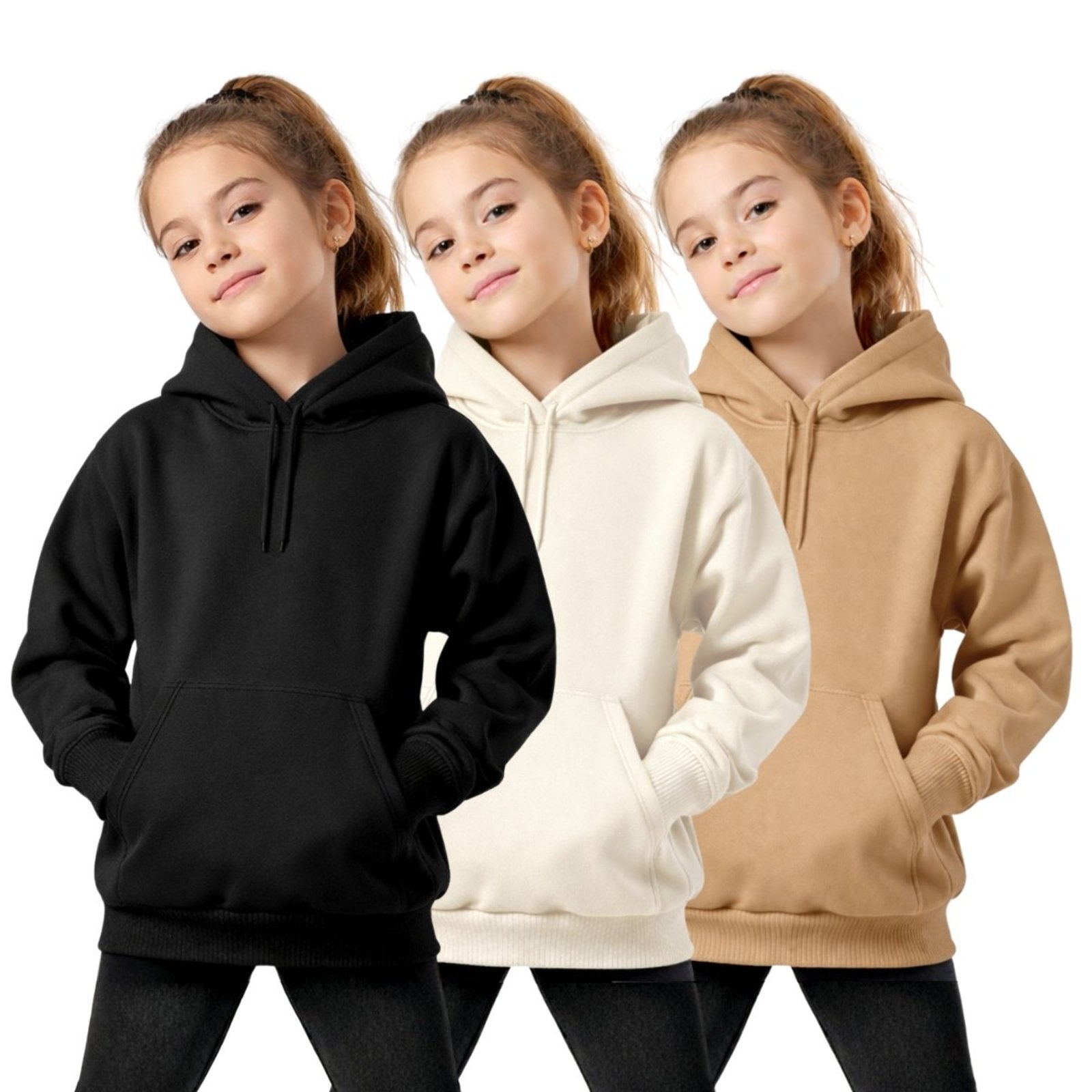 Infantil - Kit 3 Casaco Feminino Liso Moletom Canguru Com Capuz Macio