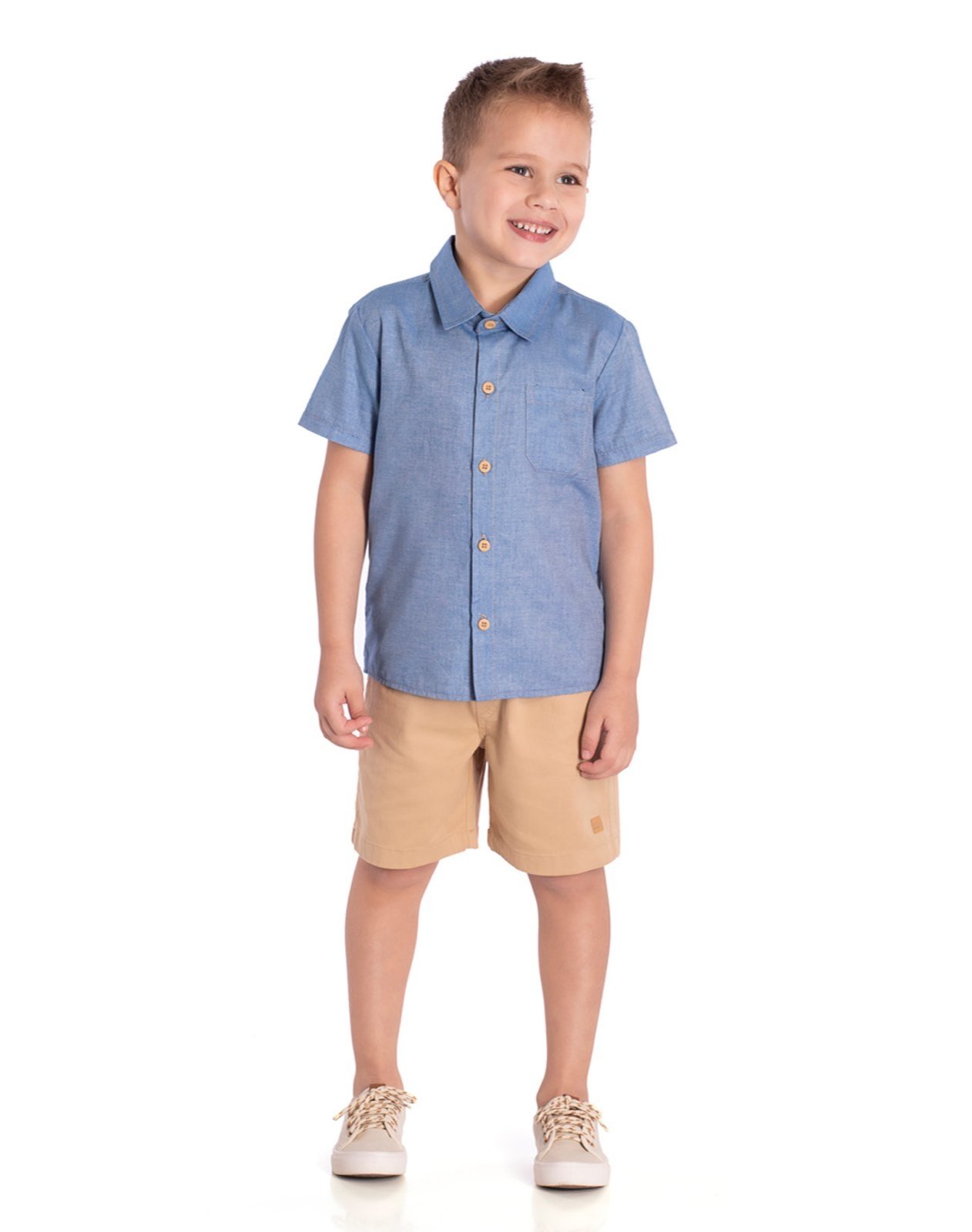 Infantil - Conj. Camisa jeans + bermuda sarja cáqui