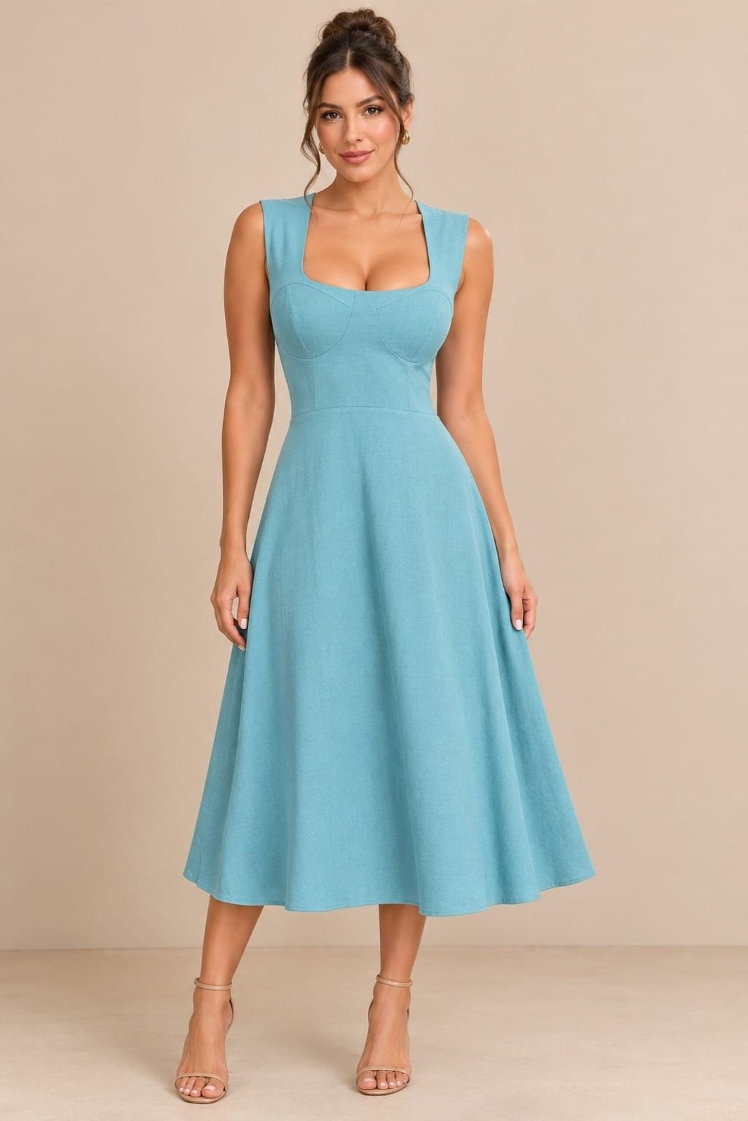 Vestido Midi Lapetry Feminino Azul Elegante Decote Quadrado Acinturado Saia Evasê