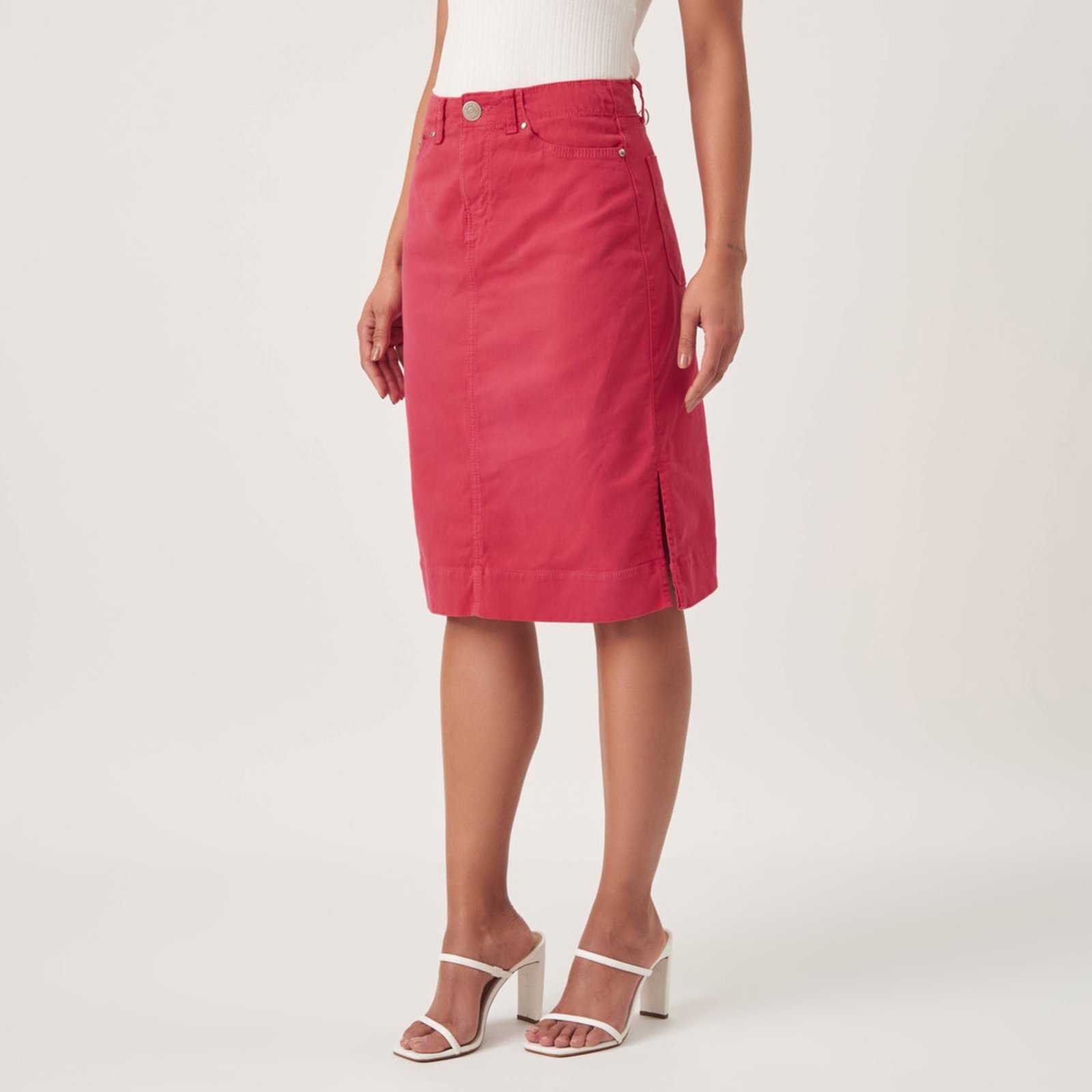 Saia Jeans Color Confort Fendas Laterais Rosa Pimenta