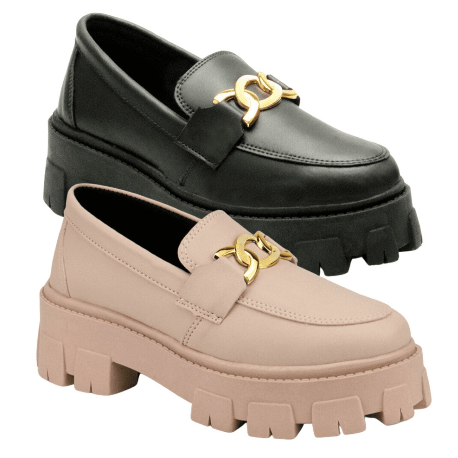 Kit 2 Mocassim Tratorado Feminino Oxford Plataforma Com Metal Blogueira Leve GuGi 403-GG Preto e Rose