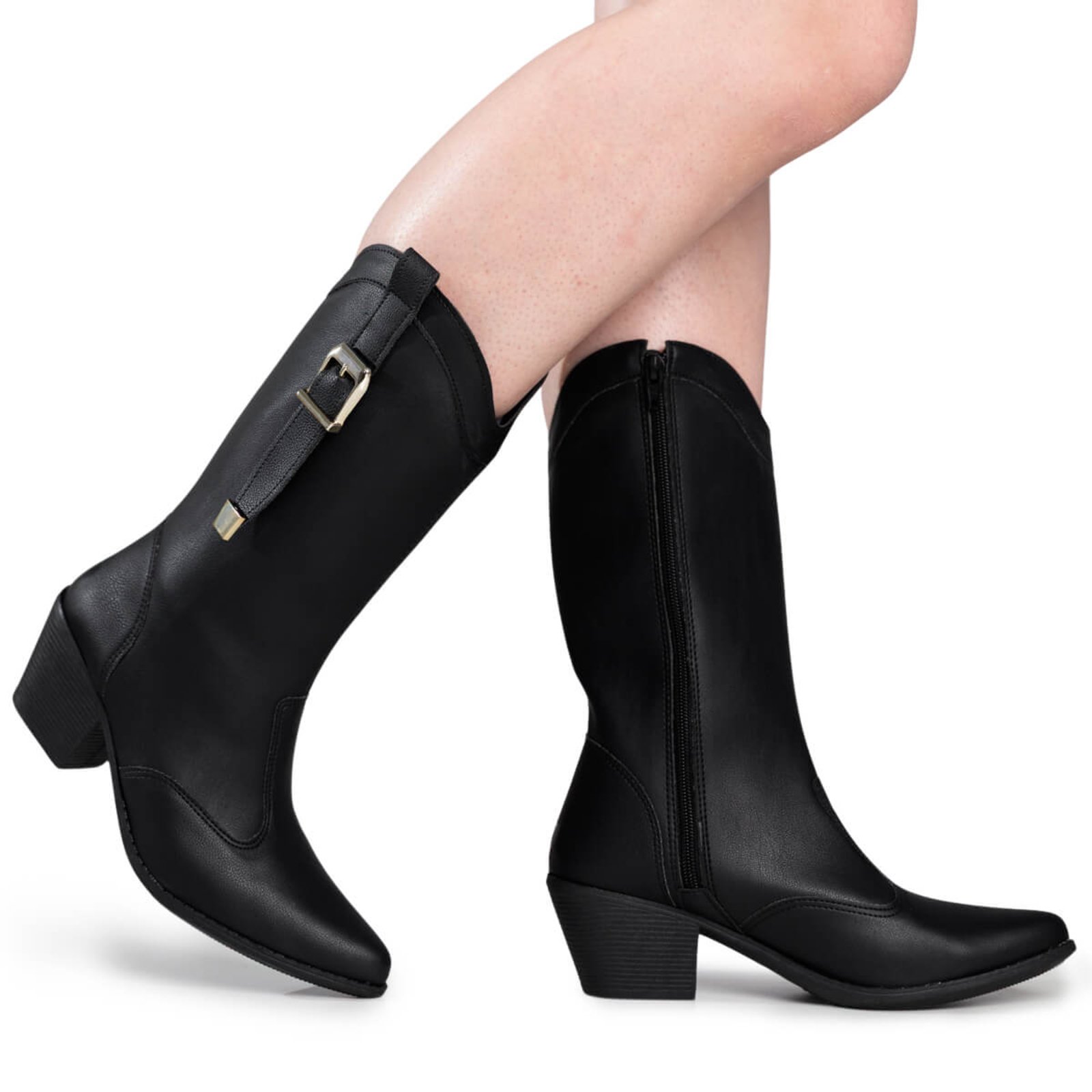 Bota Feminina Texana Country Bico Fino Cano Alto Casual Confortável Via Angel 9001 Preto