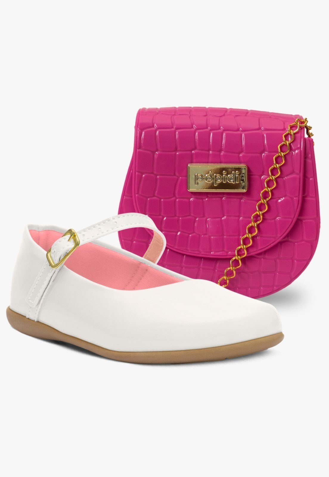 Infantil – Kit Bolsa e Sapatilha Feminina Rasteira Pópidi Branco