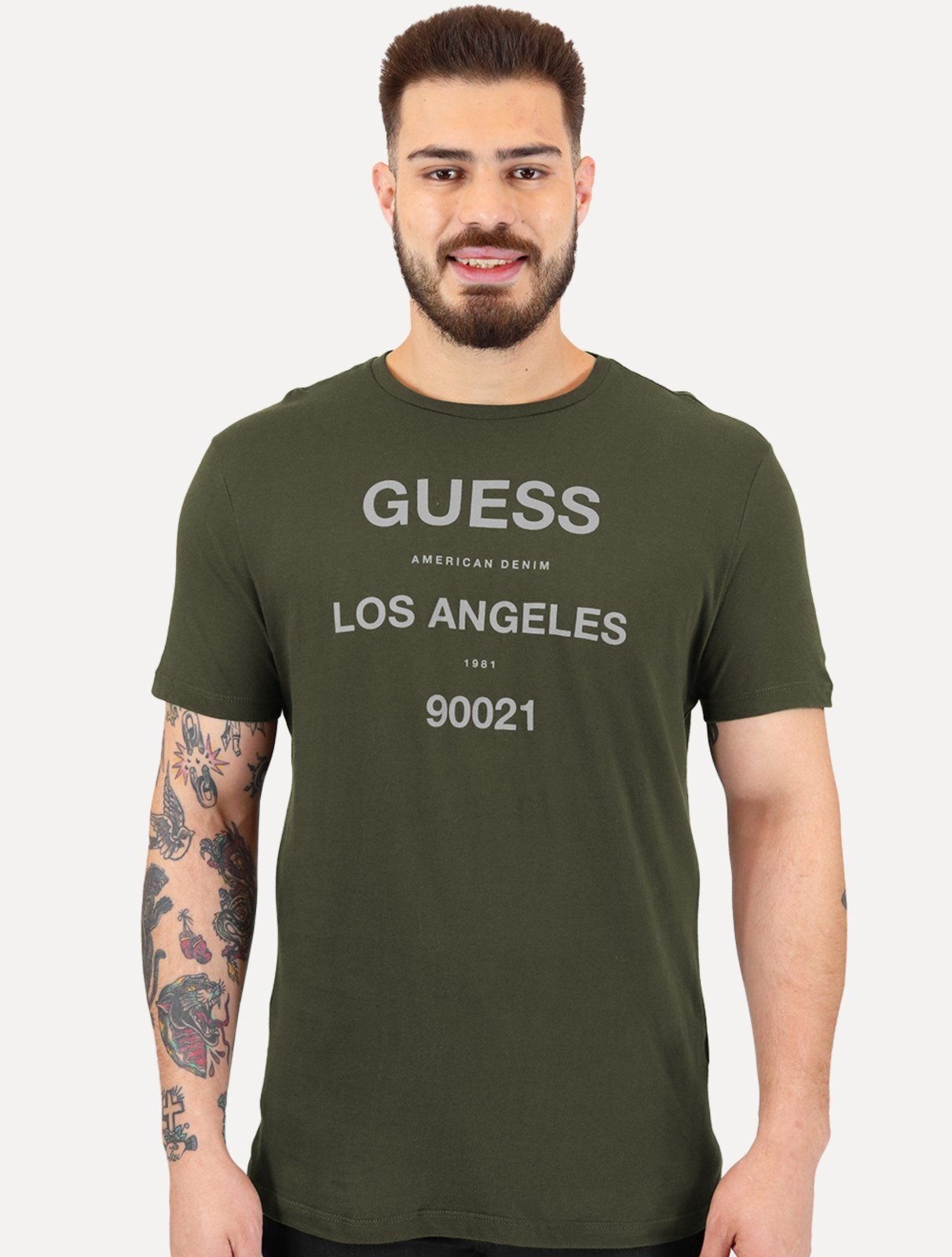 Camiseta Guess Masculina Los Angeles 90021 Verde Militar