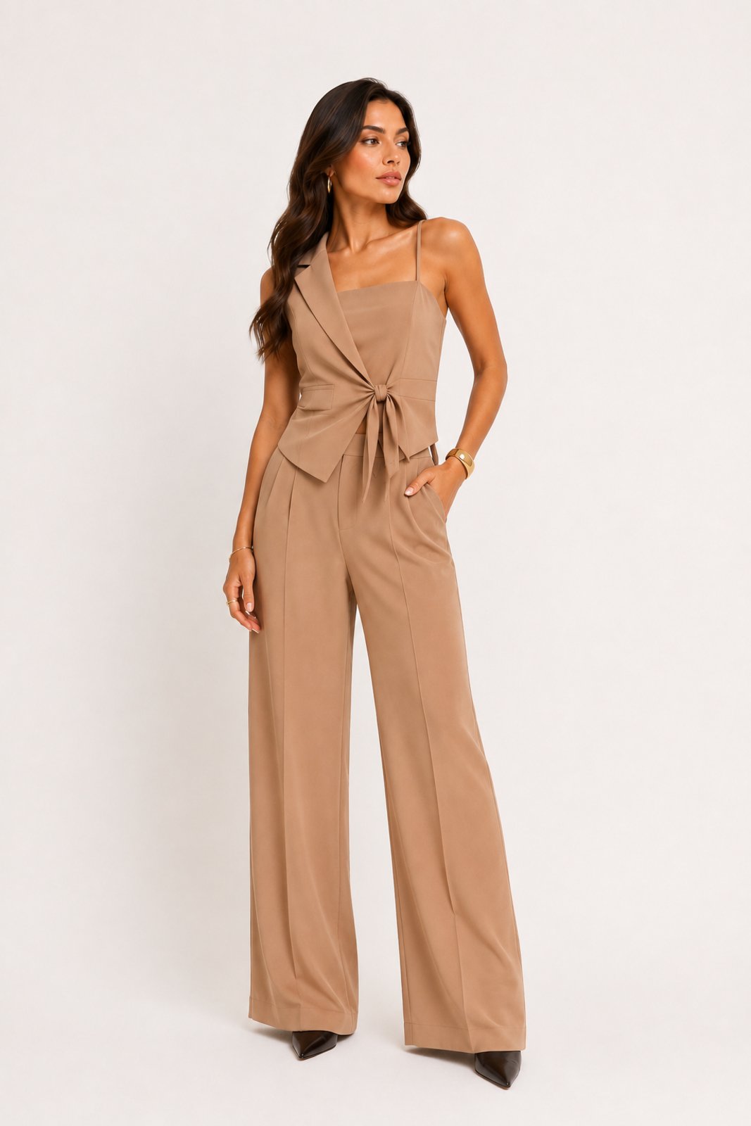 Conjunto D Bell Outlet Fashion Blusa Amarração Frontal e Calça Pantalona Nude