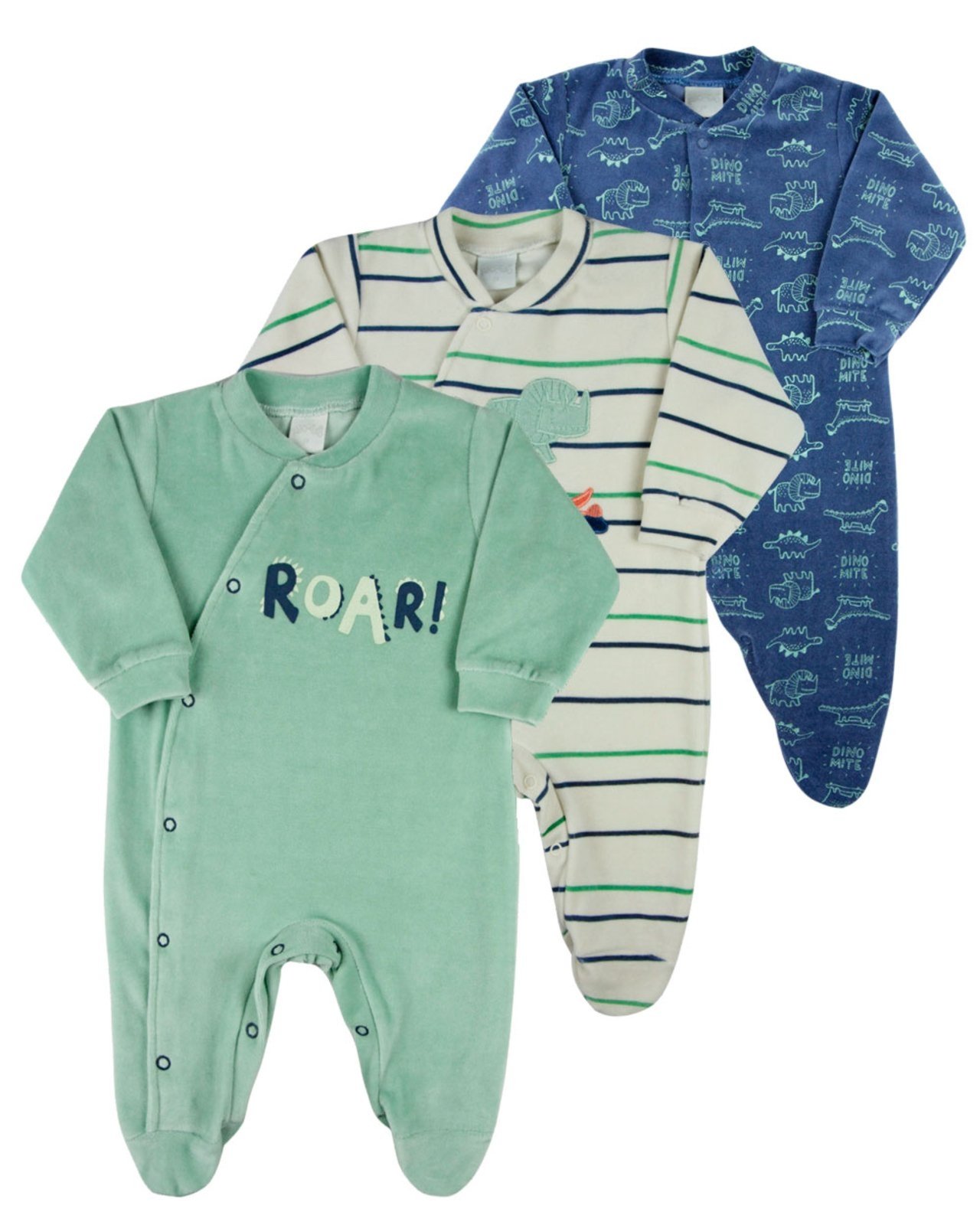 Infantil - Macacao Menino Plush Estampado Liso e Listrado Kit Macacao Plush Menino Dinossauros 3 Pecas - Verde