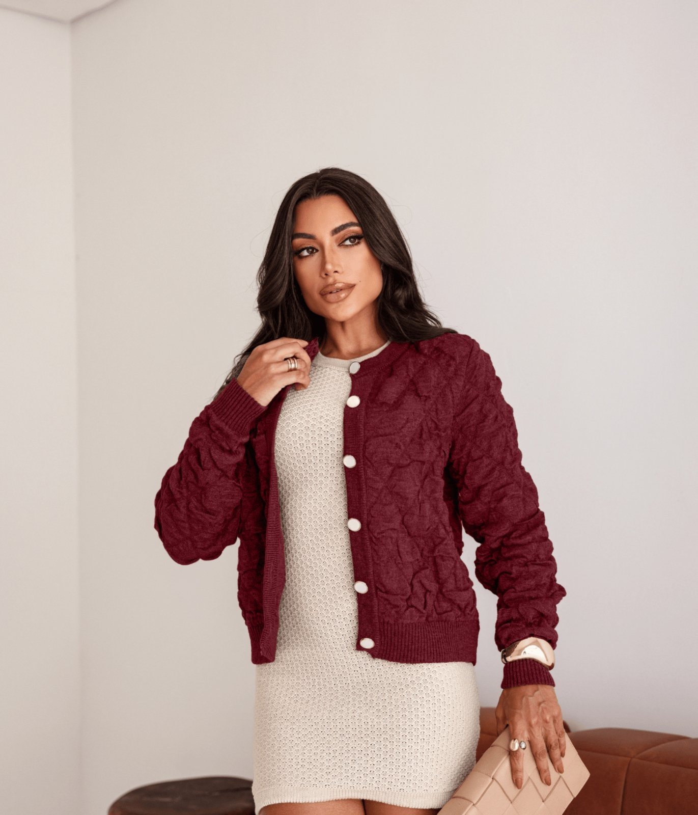 Jaqueta Bomber Cherry Line Feminino Tricô Botão Vermelho