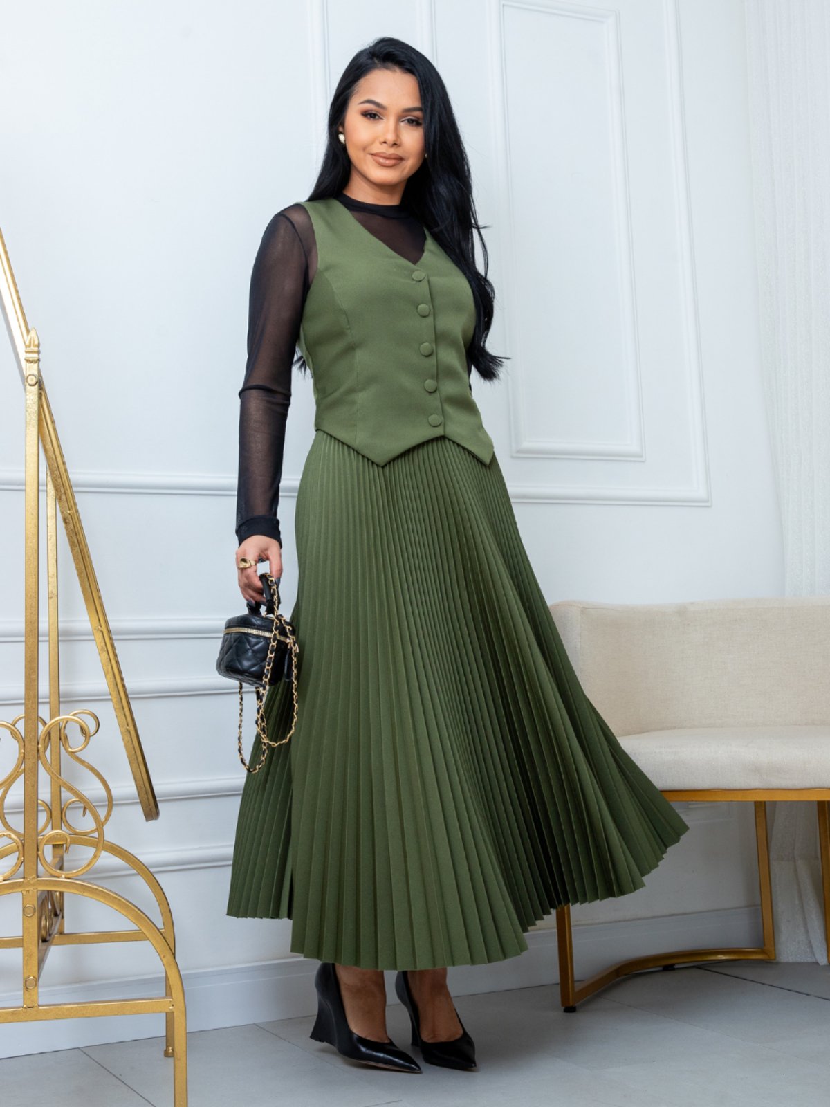 Conjunto Feminino Alfaiataria Saia Longa Plissada Rodada Social com Colete Trabalho Escritório Verde Militar