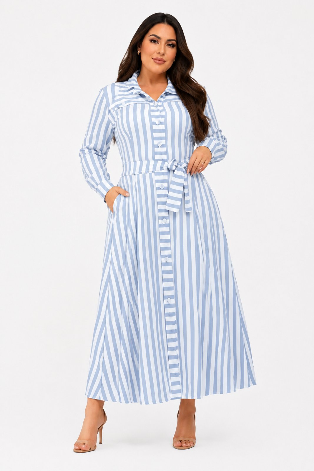 Vestido Midi D Bell Outlet Fashion Chemise Listrado em Linho Azul