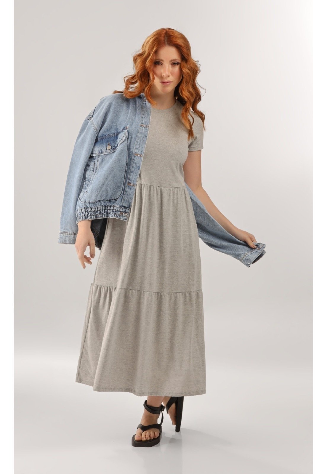Vestido Marias Longo em Algodão Just Basic Cinza