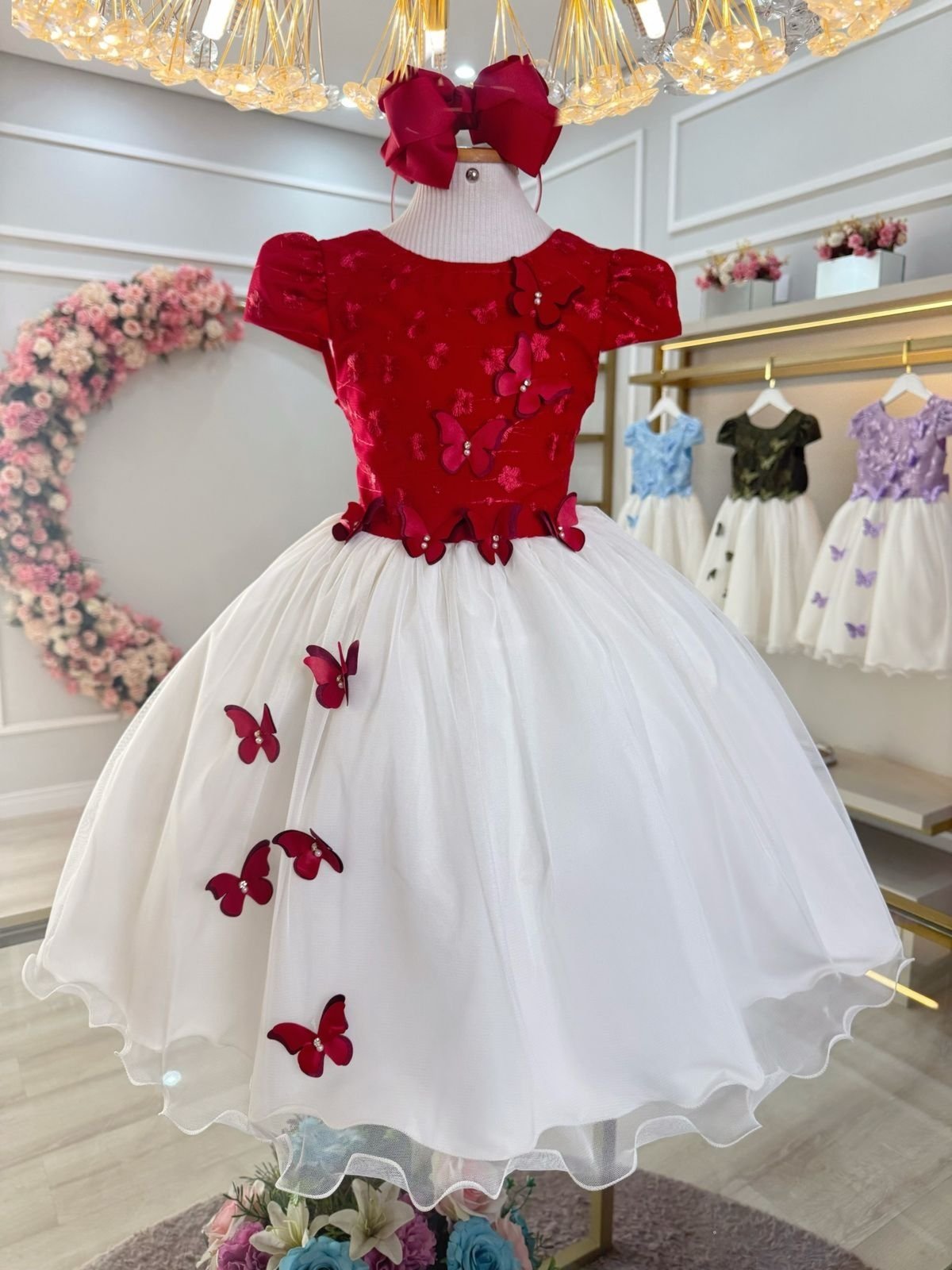 Infantil - Vestido Festa Branco e Vermelho Borboletas Formatura Florista Casamento Renda Dama Daminha Social Menina Juvenil Pérolas Princesa Rodado Aniversário Luxo