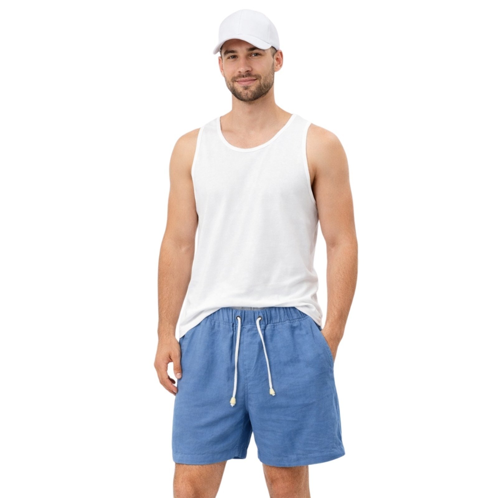 Conjunto Regata Short Linho e Boné 6 Painéis Premium Masculino Moda Praia Luxo